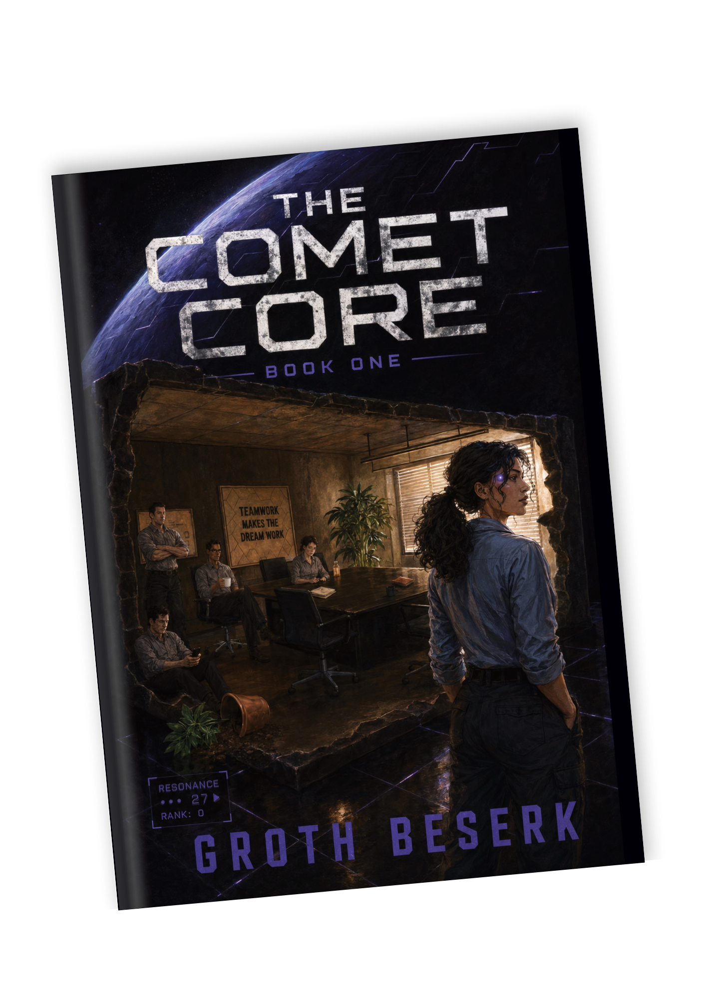 Full paperback mockup showing front cover, back cover and spine for The Comet Core