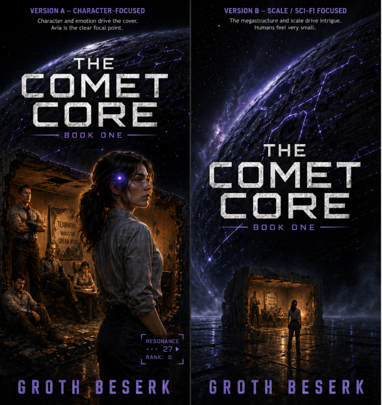 Two concept directions for The Comet Core showing character-focused and scale-focused versions